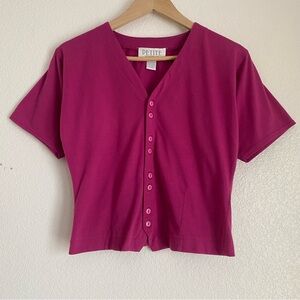 Vintage Petite Sophisticate cardigan button down v-neck neck t-shirt, pink, M
